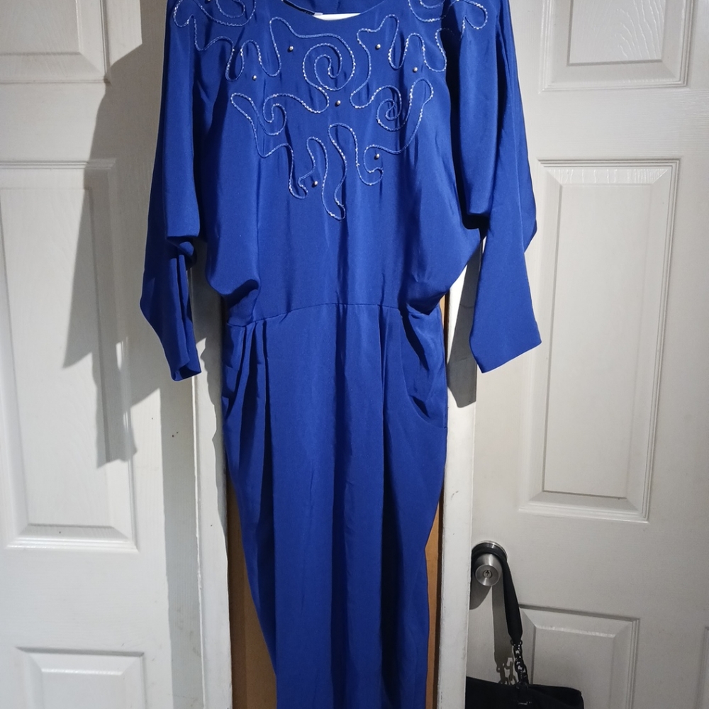 Vtg Susan Roselli For Vijack Women's Blue Embroidered Dress w/Pockets. S…